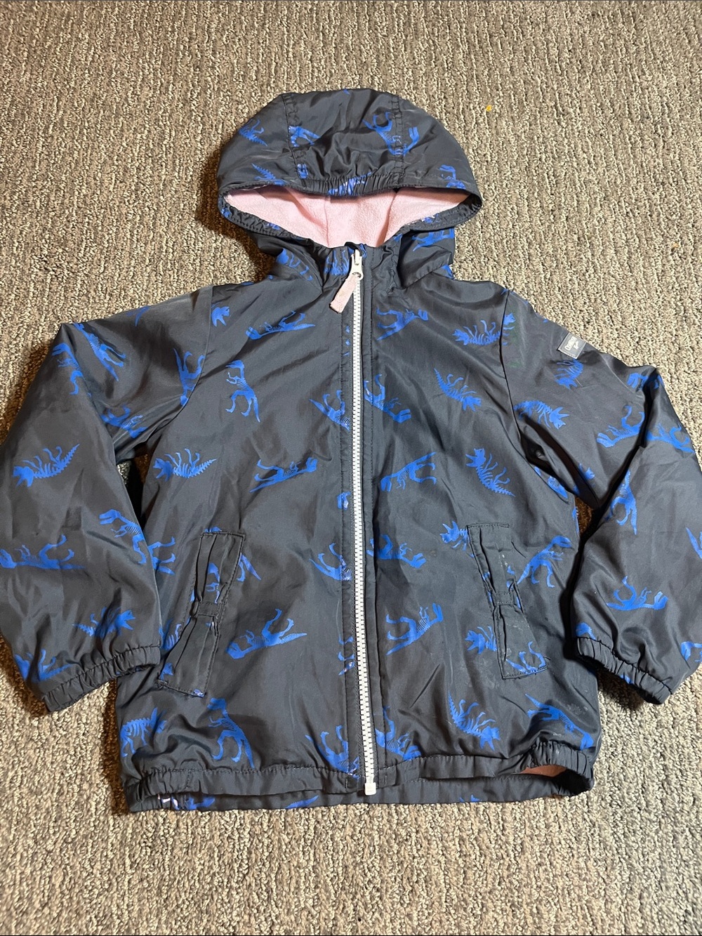 OshKosh B'gosh Gray Hooded Raincoat with Blue Dino Print